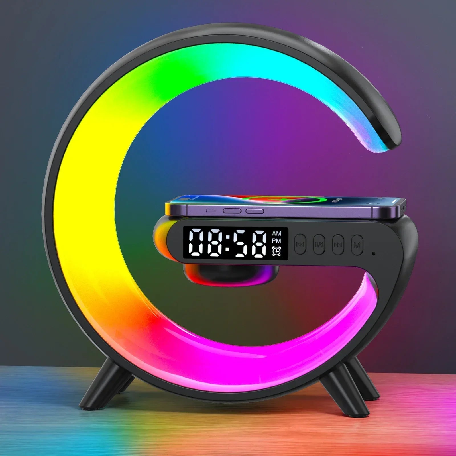 Colorful LED night light with digital clock on a gradient background