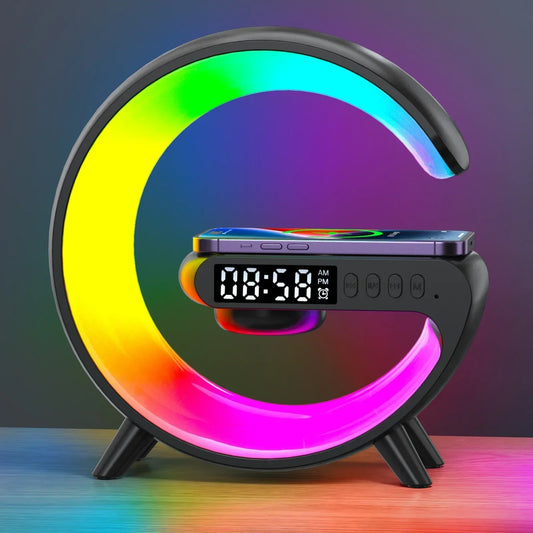 Colorful LED night light with digital clock on a gradient background