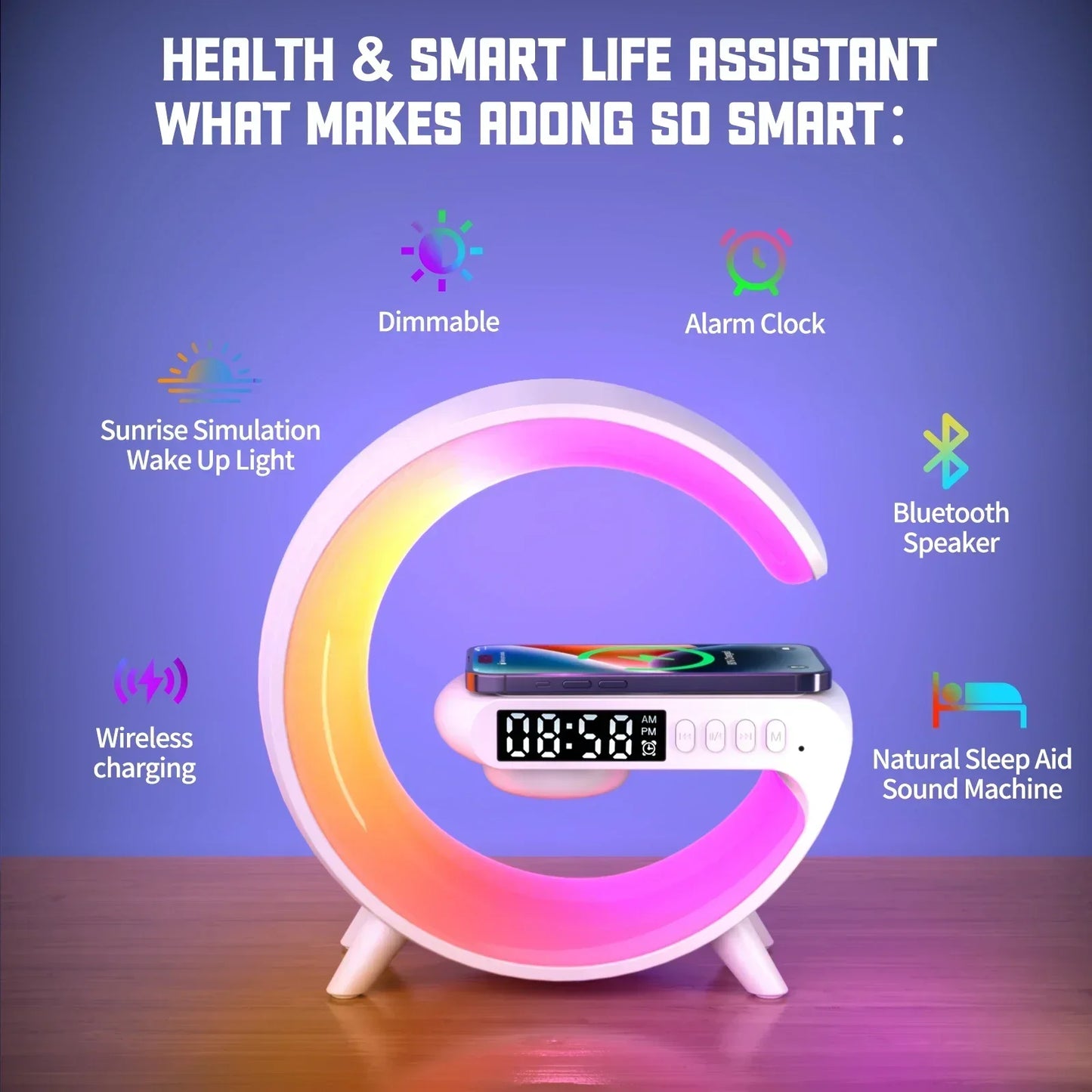 Multifunctional device with colorful crescent design on a wooden surface, featuring text and icons indicating its features.