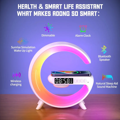 Multifunctional device with colorful crescent design on a wooden surface, featuring text and icons indicating its features.